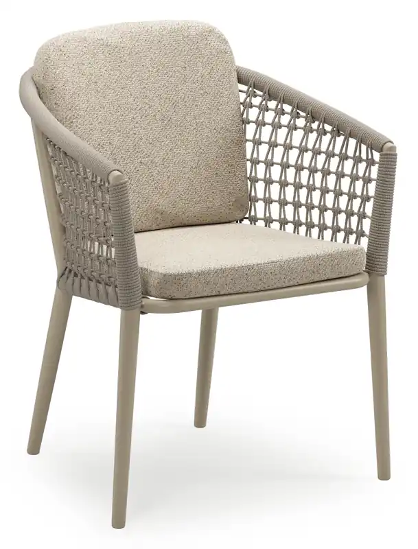 Veilige Betaling Orso stapelbare tuinstoel in beige aluminium en beige visnet geweven ronde rope met stoelkussen in All Weather Cosytica Bora Desert