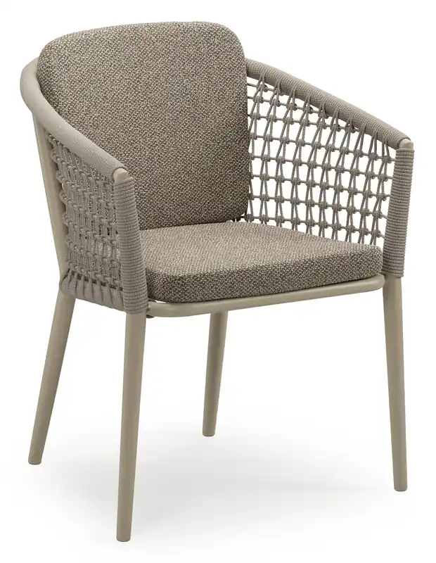 Orso stapelbare tuinstoel in beige aluminium en beige visnet geweven ronde rope met stoelkussen in All Weather Cosytica Madagascar Burch Direct Verzonden