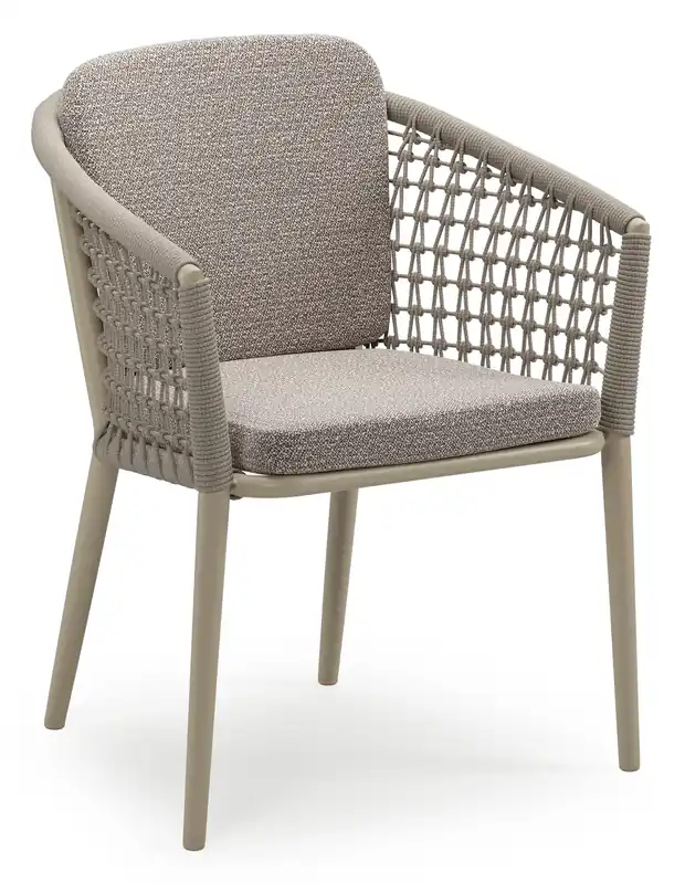 Exclusieve Aanbieding Orso stapelbare tuinstoel in beige aluminium en beige visnet geweven ronde rope met stoelkussen in All Weather Sunbrella® Luxe Wander Granite