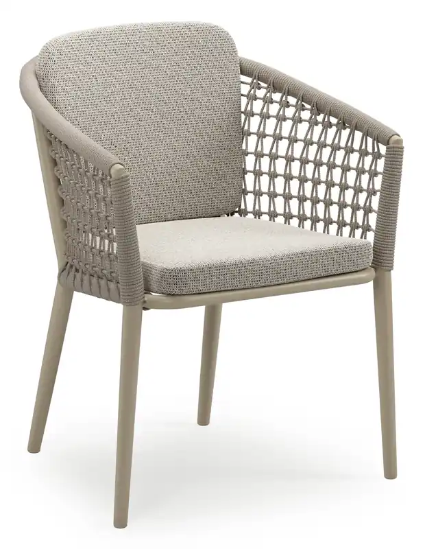 Actieprijs Orso stapelbare tuinstoel in beige aluminium en beige visnet geweven ronde rope met stoelkussen in All Weather Solica Firenze Sand