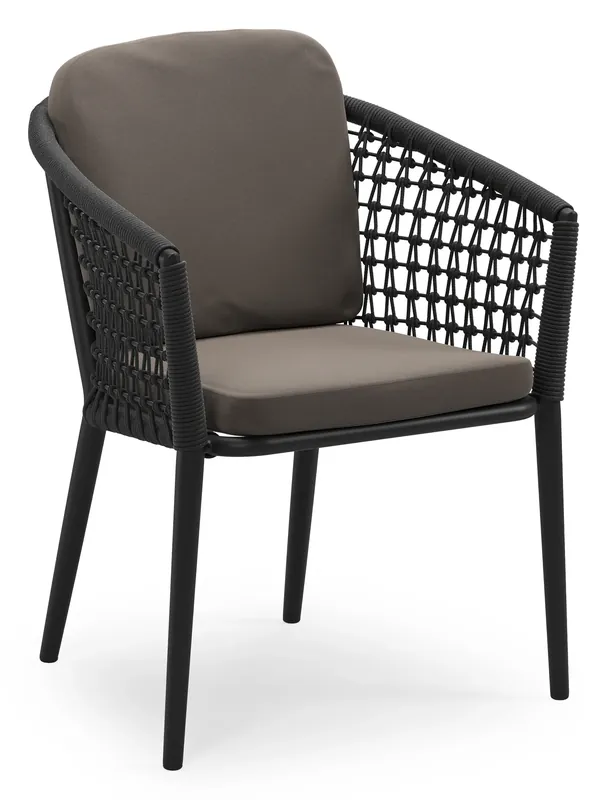 Orso stapelbare tuinstoel in zwart aluminium en zwart visnet geweven ronde rope met stoelkussen in All Weather Sunbrella® Luxe Natte Nature Grey Lage Kosten