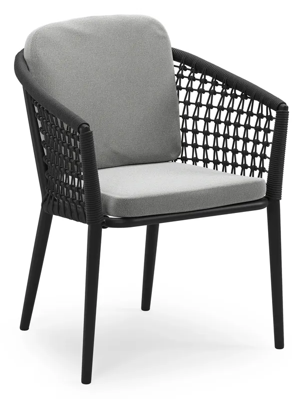 Voordeelprijs Orso stapelbare tuinstoel in zwart aluminium en zwart visnet geweven ronde rope met stoelkussen in All Weather Sunbrella® Luxe Savane Grey