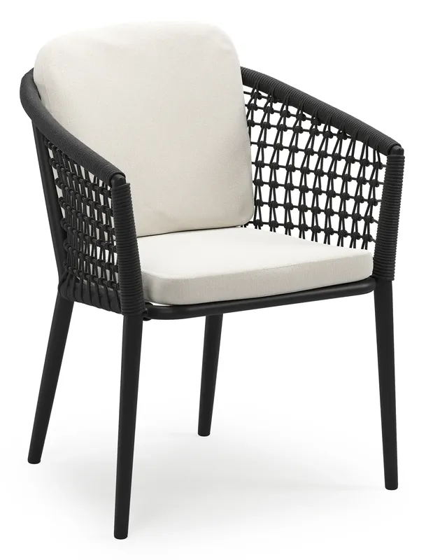 Orso stapelbare tuinstoel in zwart aluminium en zwart visnet geweven ronde rope met stoelkussen in All Weather Sunbrella® Luxe Savane White Weekendaanbieding