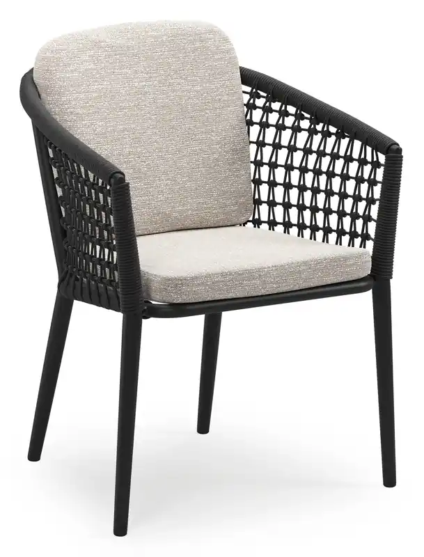 Veilige Betaling Orso stapelbare tuinstoel in zwart aluminium en zwart visnet geweven ronde rope met stoelkussen in All Weather Sunbrella® Luxe Tundra Sand