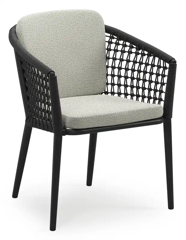 Orso stapelbare tuinstoel in zwart aluminium en zwart visnet geweven ronde rope met stoelkussen in All Weather Sunbrella® Luxe Lopi Bud Voordeelprijs