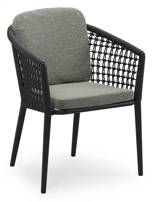Hoge Kwaliteit Orso stapelbare tuinstoel in zwart aluminium en zwart visnet geweven ronde rope met stoelkussen in All Weather Sunbrella® Luxe Slow Fern