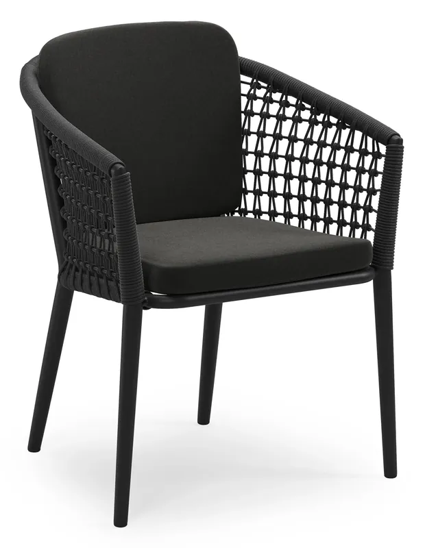 Orso stapelbare tuinstoel in zwart aluminium en zwart visnet geweven ronde rope met stoelkussen in All Weather Sunbrella® Luxe Natte Sooty Seizoensaanbieding