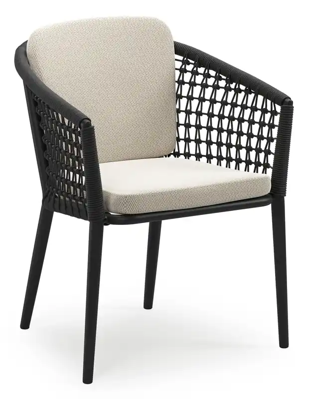 Koop Online Orso stapelbare tuinstoel in zwart aluminium en zwart visnet geweven ronde rope met stoelkussen in All Weather Sunbrella® Luxe Lopi Marble