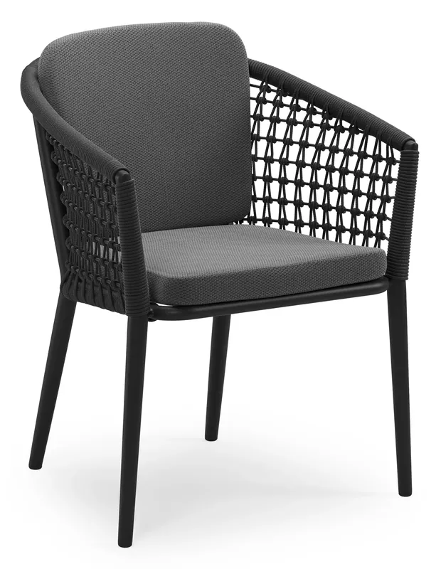 Uitverkoop Orso stapelbare tuinstoel in zwart aluminium en zwart visnet geweven ronde rope met stoelkussen in All Weather Sunbrella® Luxe Lopi Shadow