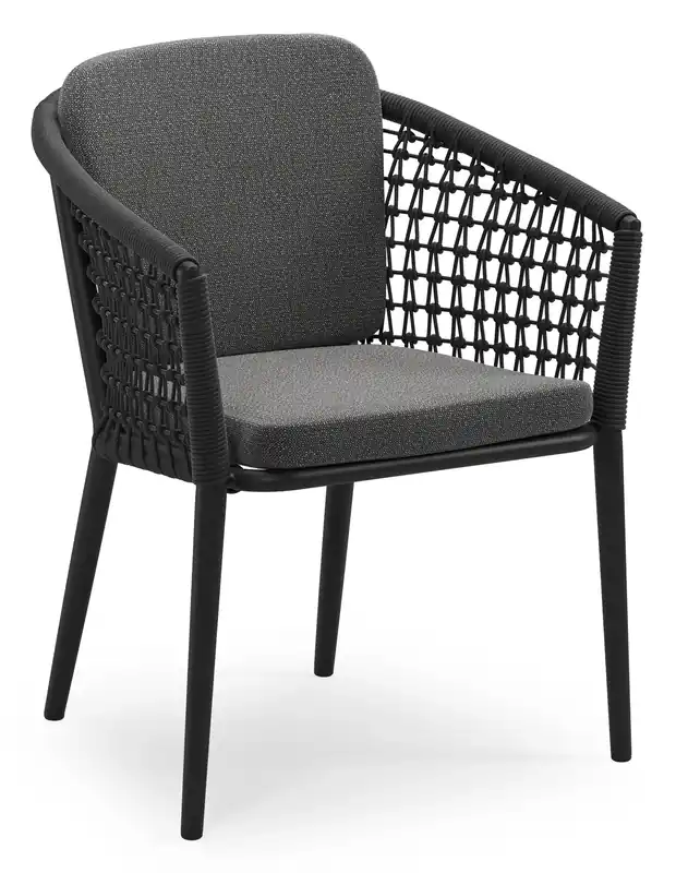 Seizoensaanbieding Orso stapelbare tuinstoel in zwart aluminium en zwart visnet geweven ronde rope met stoelkussen in All Weather Sunbrella® Luxe Savane Tornado