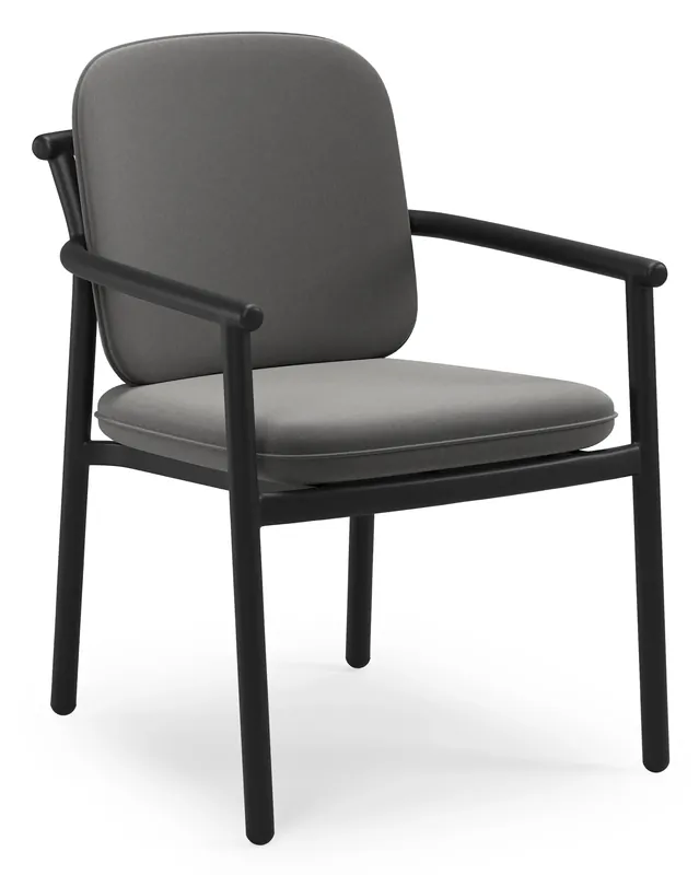 Bono stapelbare tuinstoel in zwart aluminium met stoelkussen in All Weather Sunbrella® Luxe Natte Charcoal Chine Beperkt Aanbod