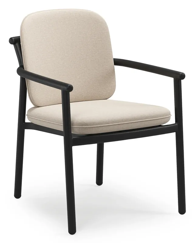 Bono stapelbare tuinstoel in zwart aluminium met stoelkussen in All Weather Sunbrella® Luxe Heritage Ash Fabrieksprijs