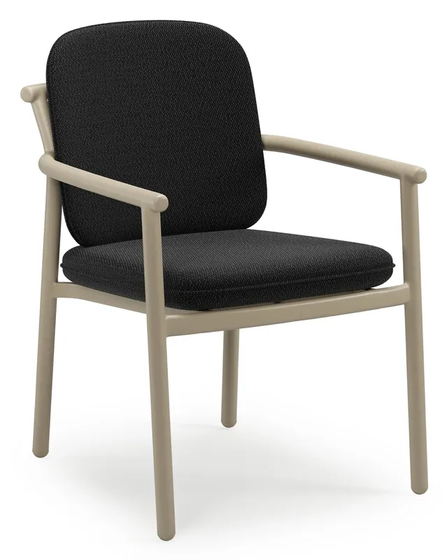 Bono stapelbare tuinstoel in beige aluminium met stoelkussen in All Weather Sunbrella® Luxe Lopi Baribal Betrouwbaar