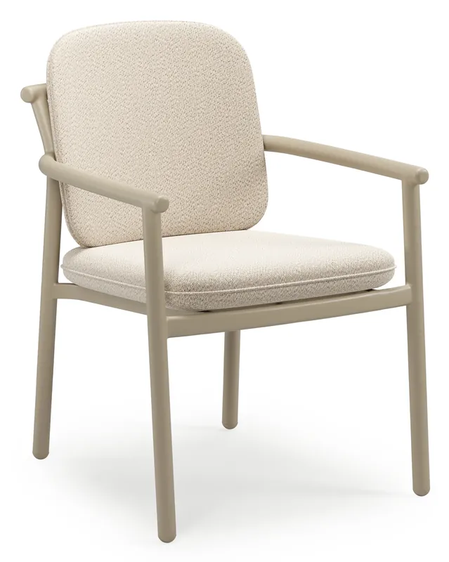Gecertificeerd Bono stapelbare tuinstoel in beige aluminium met stoelkussen in All Weather Sunbrella® Luxe Lopi Sand