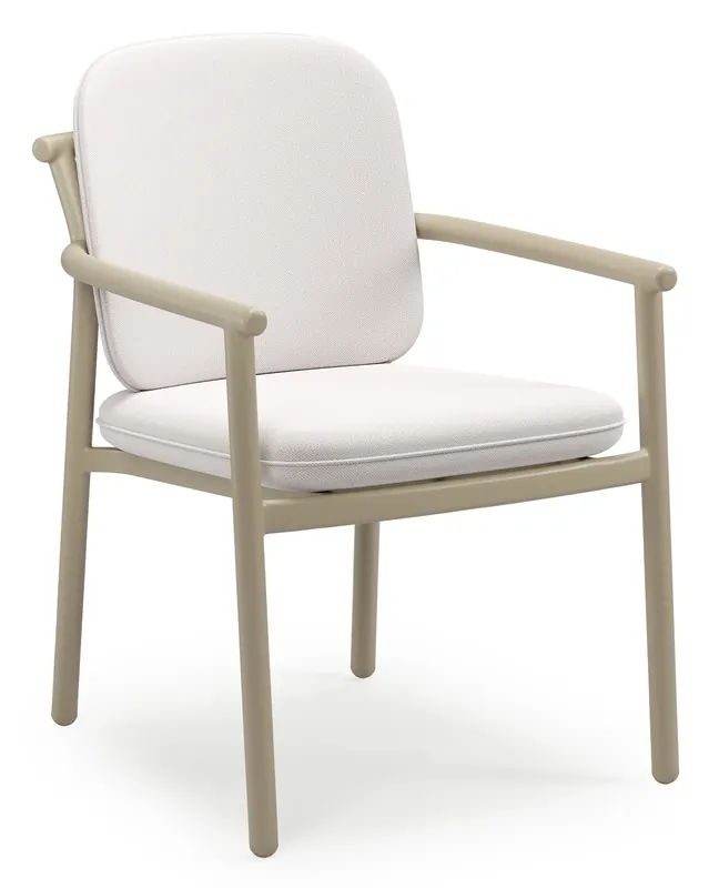 Laatste Kans Bono stapelbare tuinstoel in beige aluminium met stoelkussen in All Weather Sunbrella® Luxe Savane Whisper