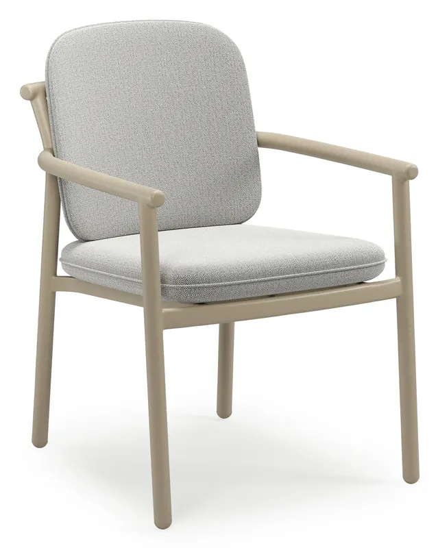 Gecertificeerd Bono stapelbare tuinstoel in beige aluminium met stoelkussen in All Weather Sunbrella® Luxe Savane Nimbus
