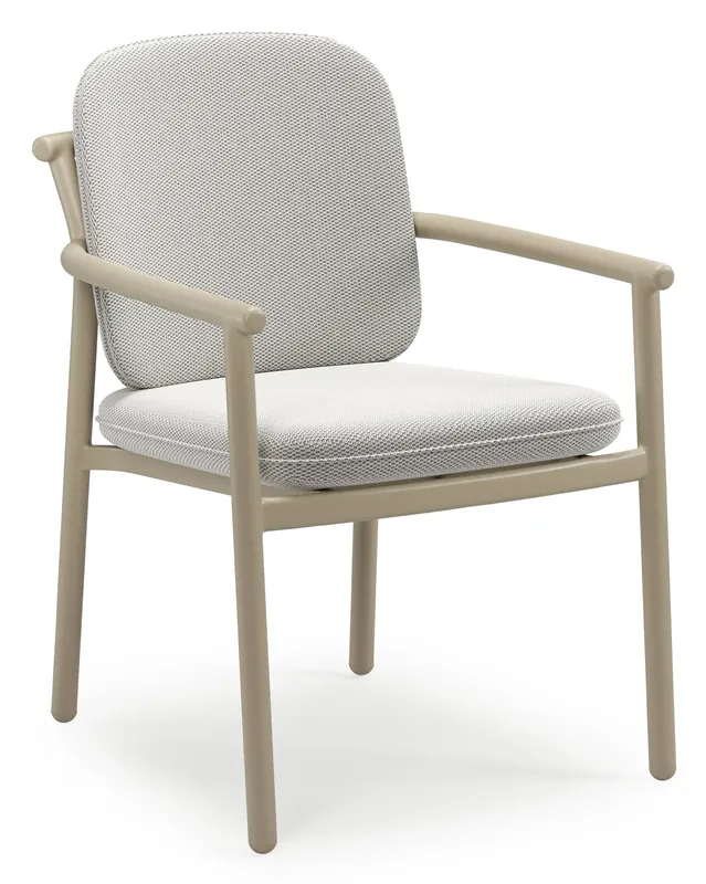 Bono stapelbare tuinstoel in beige aluminium met stoelkussen in All Weather Sunbrella® Luxe Lopi Ash Gecertificeerd