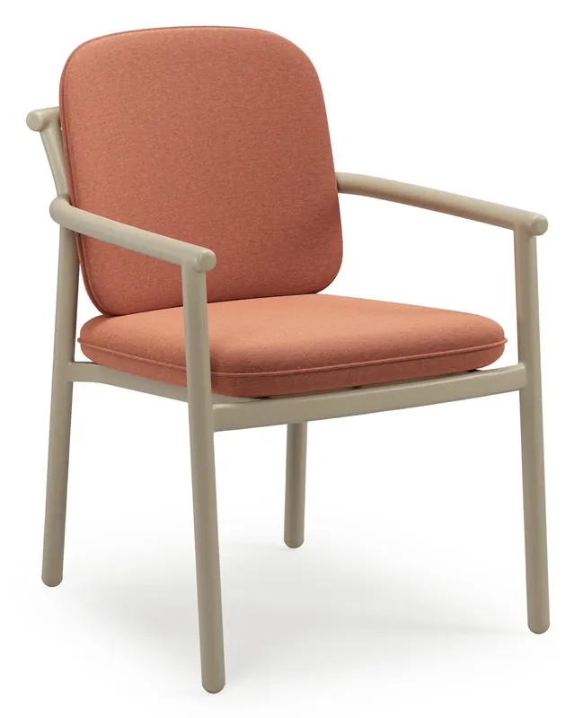 Bono stapelbare tuinstoel in beige aluminium met stoelkussen in All Weather Sunbrella® Luxe Heritage Rust Flitsaanbieding