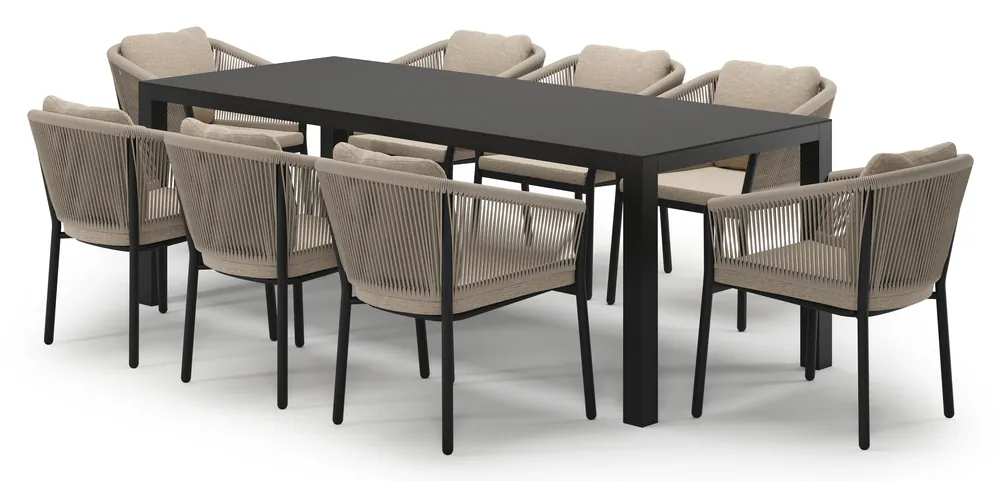 Op = Op Varese tuinset in zwart aluminium en notte minerale sintered stone met 8 Gerona tuinstoelen