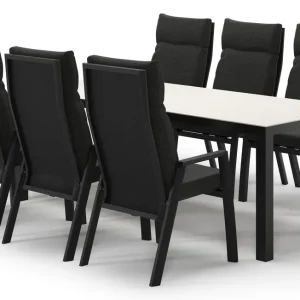 Aanbieding Varese tuinset in zwart aluminium en crema minerale sintered stone met 6 Leon tuinstoelen