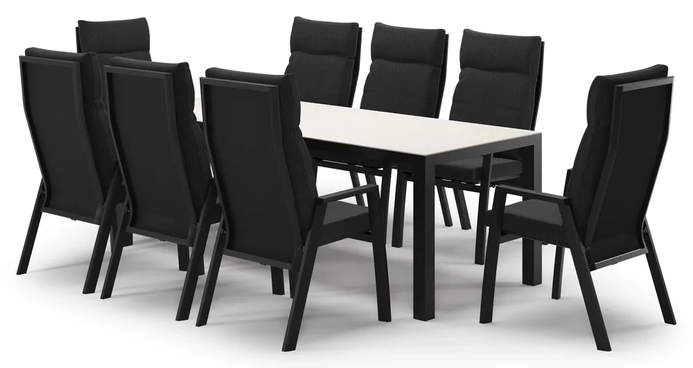 Veilige Betaling Varese tuinset in zwart aluminium en crema minerale sintered stone met 8 Leon tuinstoelen