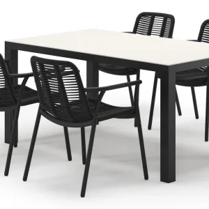 Voordeelprijs Varese tuinset in zwart aluminium en crema minerale sintered stone met 4 stapelbare Berga tuinstoelen