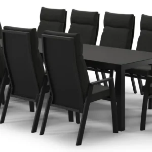 Voordeelprijs Varese tuinset in zwart aluminium en notte minerale sintered stone met 10 Leon tuinstoelen