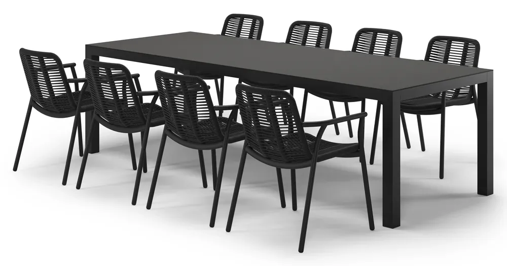 Rechtstreeks Van De Fabrikant Varese tuinset in zwart aluminium en notte minerale sintered stone met 8 stapelbare Berga tuinstoelen