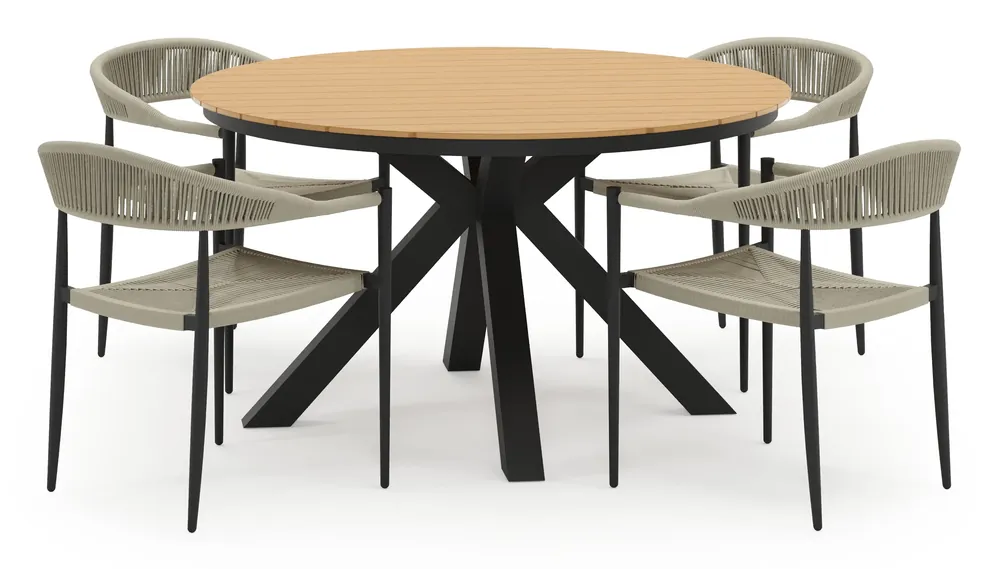 Lage Kosten Tora tuinset in zwart aluminium en polywood met 4 stapelbare Guarda tuinstoelen