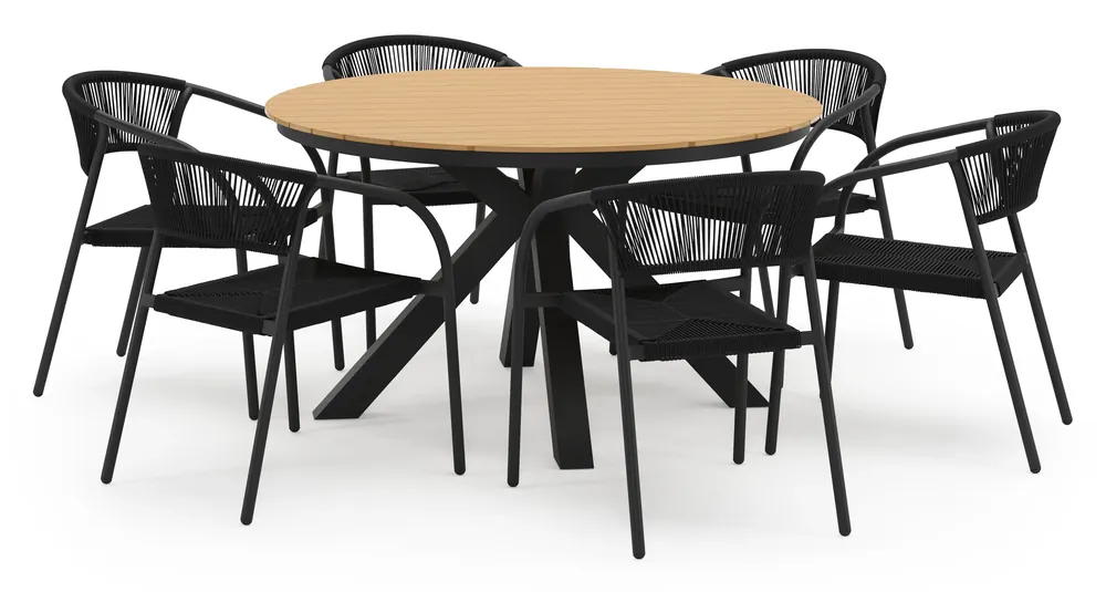 Meest Verkocht Tora tuinset in zwart aluminium en polywood met 6 stapelbare Melo tuinstoelen