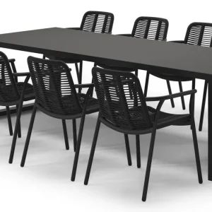 Weekendaanbieding Livo tuinset in zwart aluminium en notte minerale sintered stone met 8 stapelbare Berga tuinstoelen
