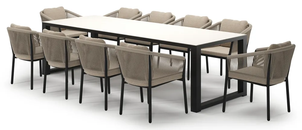 Livo tuinset in zwart aluminium en crema minerale sintered stone met 10 Gerona tuinstoelen Seizoensaanbieding