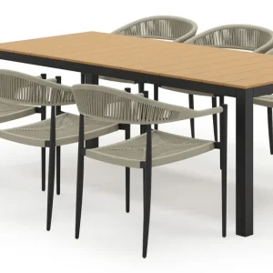 Uitverkoop Toma tuinset in zwart aluminium en polywood met 6 stapelbare Guarda tuinstoelen