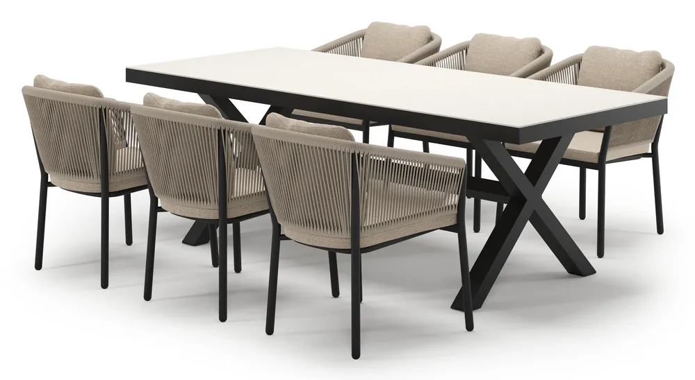 Reza tuinset in zwart aluminium en crema minerale sintered stone met 6 Gerona tuinstoelen Fabrieksprijs