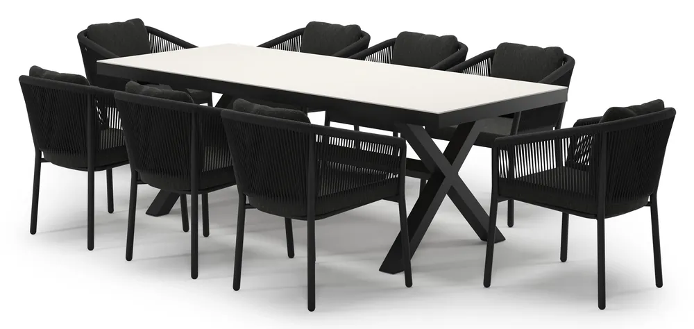 Laatste Versie Reza tuinset in zwart aluminium en crema minerale sintered stone met 8 Gerona tuinstoelen