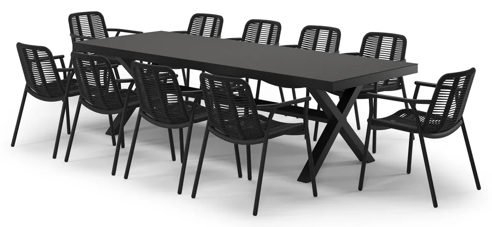Hete Deal Reza tuinset in zwart aluminium en notte minerale sintered stone met 10 stapelbare Berga tuinstoelen