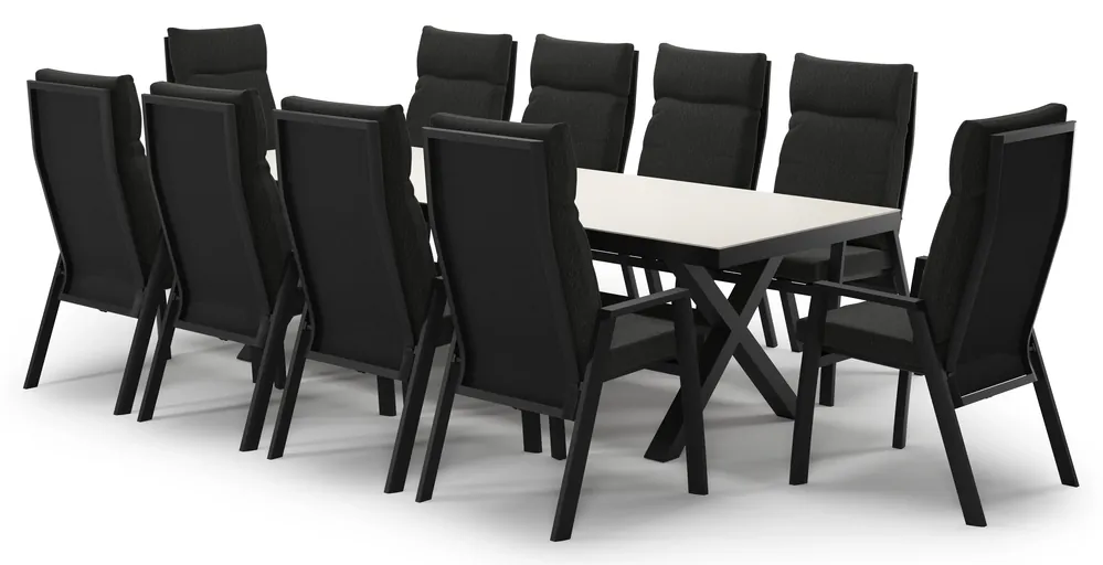 Beperkt Aanbod Reza tuinset in zwart aluminium en crema minerale sintered stone met 10 Leon tuinstoelen
