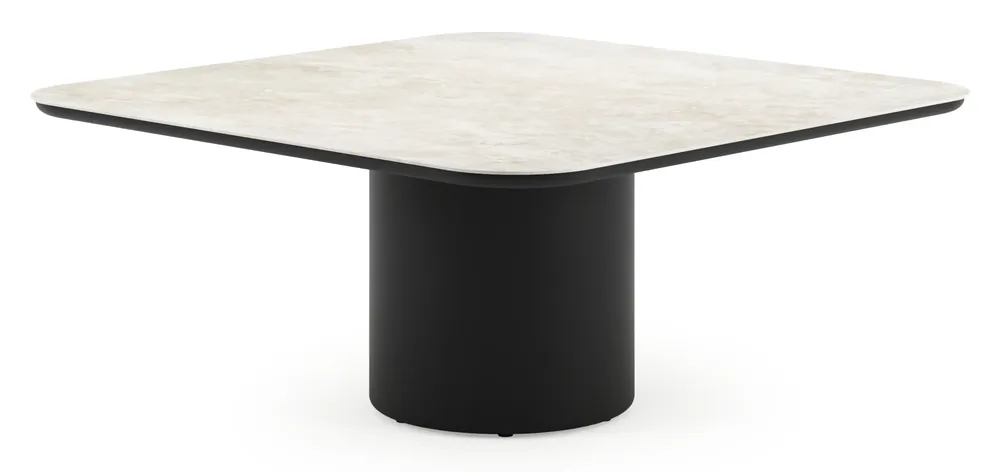 Amico low dining tuintafel afgerond vierkant in zwart aluminium en volkeramiek Rapolano - L 148 x B 148 x H 61 cm Koopje