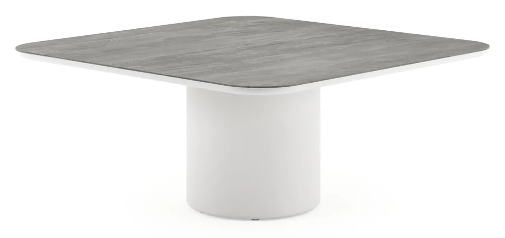 Op = Op Amico low dining tuintafel afgerond vierkant in wit aluminium en volkeramiek Aspen Grey - L 148 x B 148 x H 61 cm