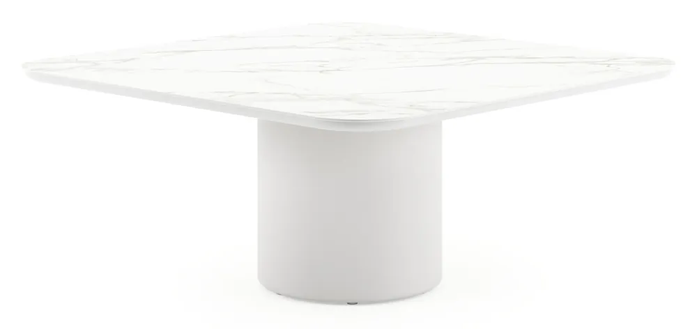Betaalbaar Amico low dining tuintafel afgerond vierkant in wit aluminium en volkeramiek Calacatta - L 148 x B 148 x H 61 cm