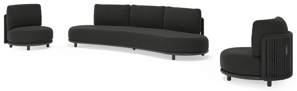 Favoriet Lomano loungeset in zwart aluminium en zwart verticaal geweven luxe vlakke rope met chartres sooty all weather sunbrella® luxe kussen
