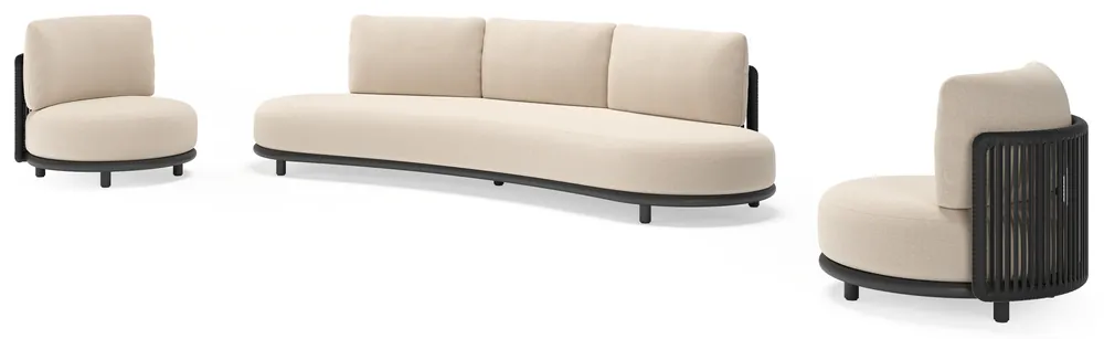 Lomano loungeset in zwart aluminium en zwart verticaal geweven luxe vlakke rope met heritage ash all weather sunbrella® luxe kussen Beste Prijs