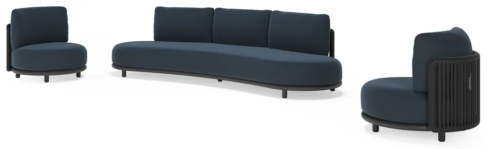 Lomano loungeset in zwart aluminium en zwart verticaal geweven luxe vlakke rope met heritage indigo all weather sunbrella® luxe kussen Uitverkoop