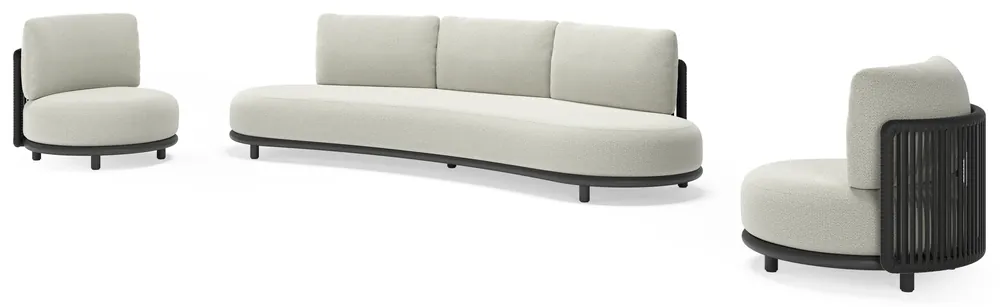 Lomano loungeset in zwart aluminium en zwart verticaal geweven luxe vlakke rope met lopi bud all weather sunbrella® luxe kussen Nieuw