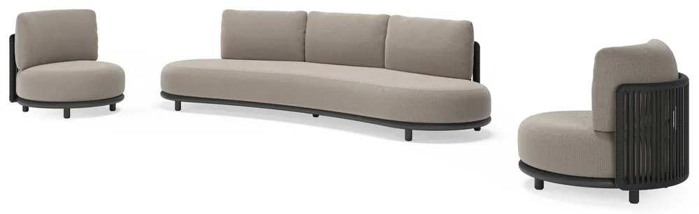 Lomano loungeset in zwart aluminium en zwart verticaal geweven luxe vlakke rope met lopi pepper all weather sunbrella® luxe kussen Bestel Nu