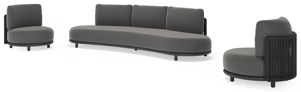 Lomano loungeset in zwart aluminium en zwart verticaal geweven luxe vlakke rope met natte charcoal chine all weather sunbrella® luxe kussen Speciale Aanbieding
