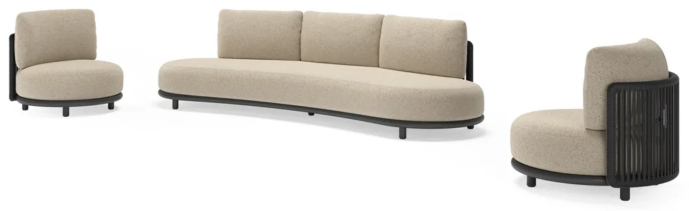 Goedkoop Lomano loungeset in zwart aluminium en zwart verticaal geweven luxe vlakke rope met bora desert all weather cosytica kussen