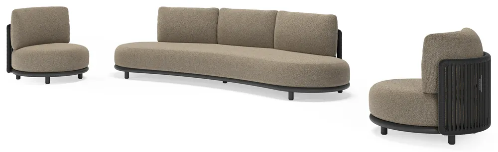Lomano loungeset in zwart aluminium en zwart verticaal geweven luxe vlakke rope met madagascar burch all weather cosytica kussen Superprijs