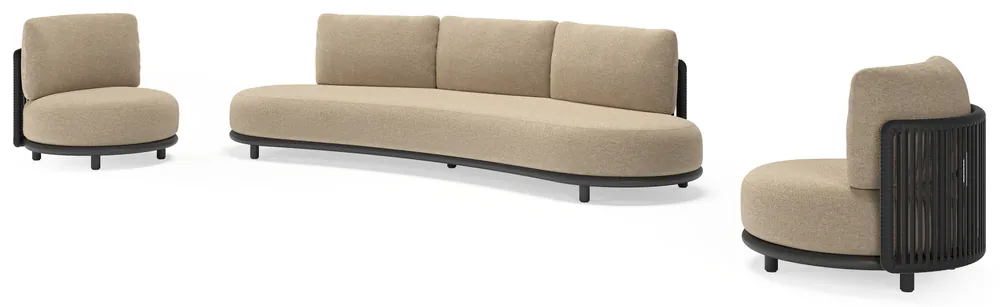 Beperkte Voorraad Lomano loungeset in zwart aluminium en zwart verticaal geweven luxe vlakke rope met madagascar oak all weather cosytica kussen