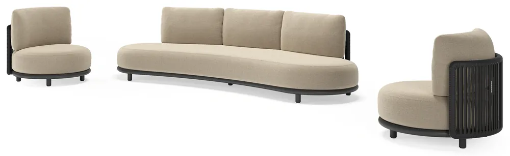 Lomano loungeset in zwart aluminium en zwart verticaal geweven luxe vlakke rope met marbella sand all weather cosytica kussen Laatste Versie